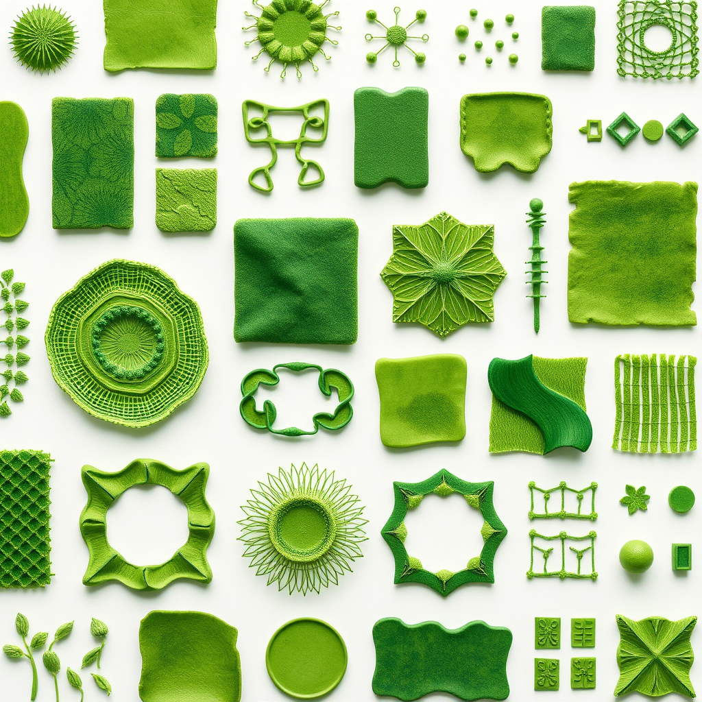 Generate a high-resolution digital illustration of various abstract green shapes and patterns arranged in a grid layout, capturing intricate details and textures, using a DSLR camera with a 50mm lens, aperture set to f/8, ISO 100, and a focal length of 35mm for enhanced clarity and depth.