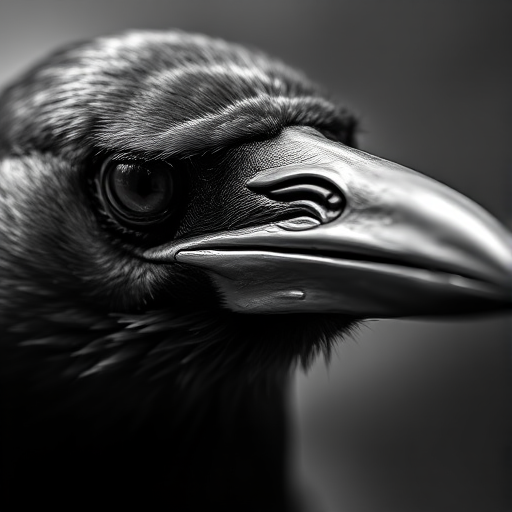 Capture a high-resolution close-up of a crow's profile with a sharp focus on its eye, using a 50mm f/1.8 lens, ISO 100, aperture f/2.8, shutter speed 1/250s, natural lighting, and a shallow depth of field to emphasize texture and detail in black and white.
