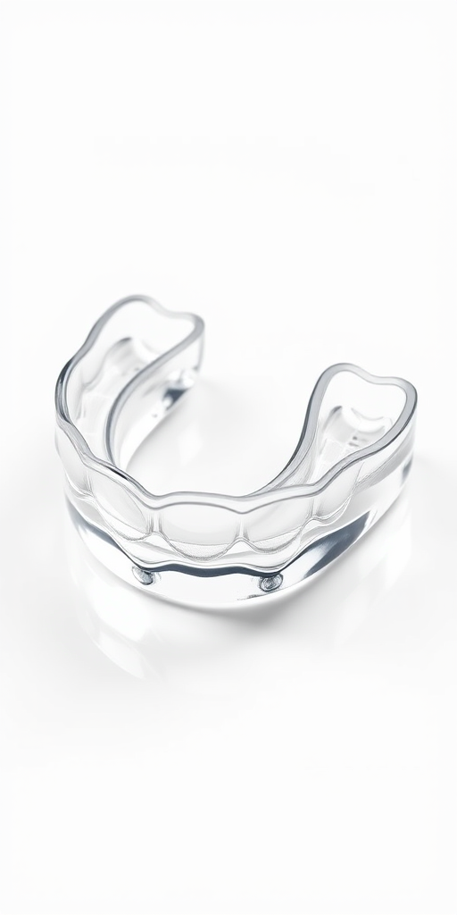 Create a high-resolution image of a transparent dental mouthguard displayed on a clean white background using a DSLR camera, 50mm lens, f/2.8 aperture, 1/200s shutter speed, and ISO 100, with soft lighting to enhance clarity and detail.