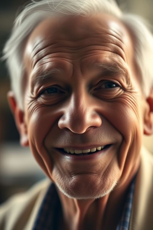 portrait of an elderly man with a warm smile, soft lighting, shallow depth of field, 50mm lens, f/1.8, ISO 200, natural light, DSLR camera, close-up view