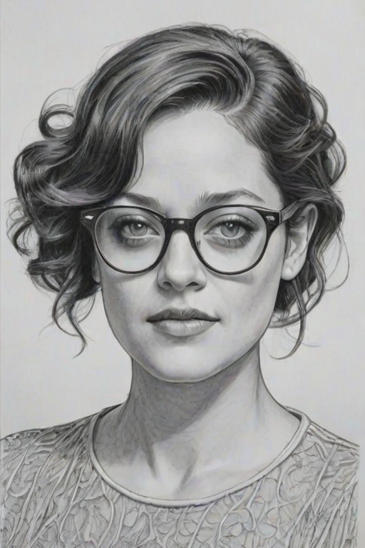 Resplendent Marion Cotillard, pencil sketch, portrait of Stunning woman 1957s in glasses, hair style beatnik, outline, clear lines, fine lines, 8k