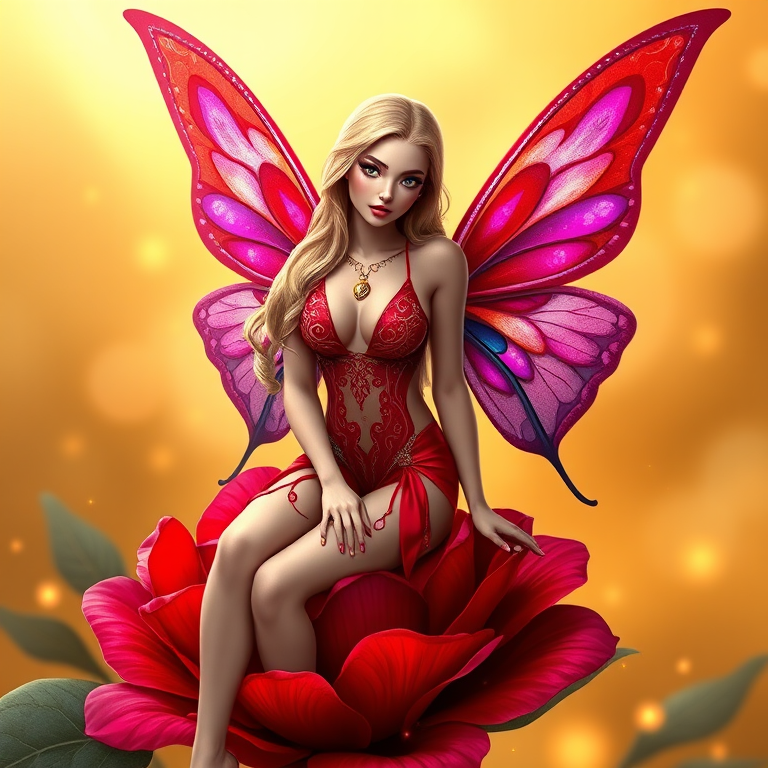 A digital artwork features a winged fairy with delicate Scarlet butterfly wings, adorned with intricate Navy andFuchsia patterns. She is seated on a vibrant Navy flower, wearing a revealing red two-piece outfit with sparkling beadwork. Her fair skin, long blonde hair, and gold jewelry add to her ethereal appearance. The background is a warm, golden gradient, creating a magical atmosphere. Small glowing orbs and sparkles surround the flower, enhancing the enchanting, highly detailed, and realistic scene.
