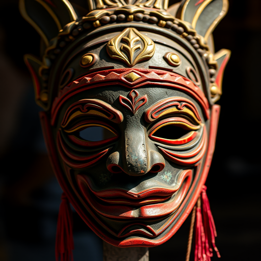 Regenerate the image of a traditional Balinese mask with intricate details and a vibrant red outline, using a DSLR camera with a 50mm lens, aperture set to f/1.8, ISO 100, shot from a front view in natural lighting to enhance clarity and depth.