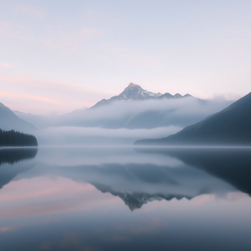 Soft-focus image of a serene mountain landscape at dawn, with mist rolling over the peaks, soft pastels in the sky, and a still lake perfectly mirroring the scene.
