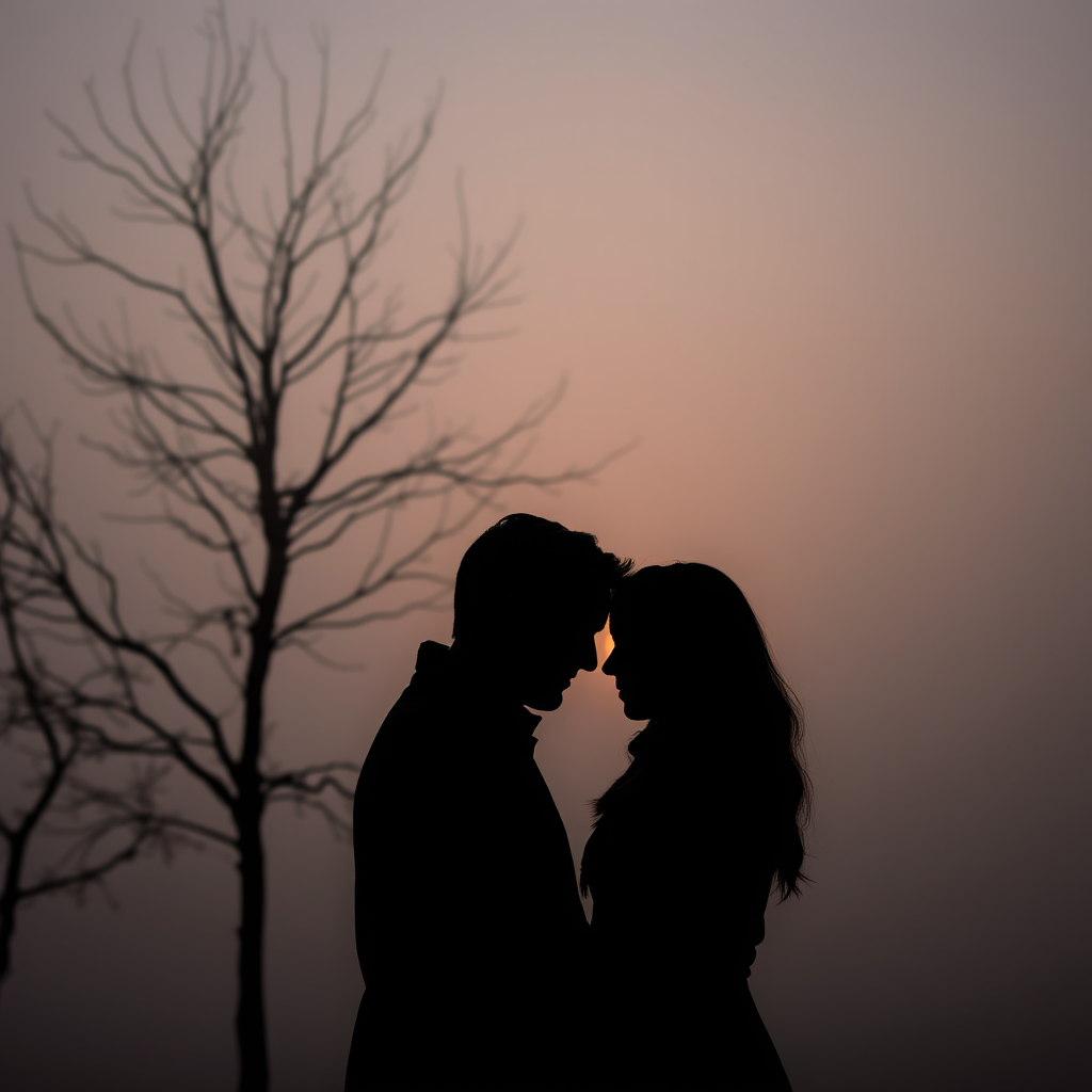 silhouette of a couple with foreheads touching in front of a foggy background and bare tree, captured with a Canon EOS R5, 50mm lens, f/1.8 aperture, ISO 200, soft focus, twilight ambiance