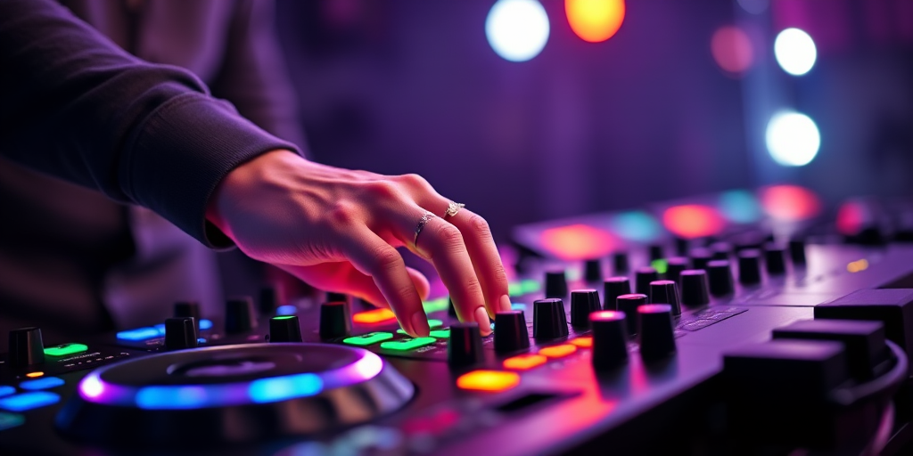 close-up shot of a DJ hand mixing on a colorful controller with vibrant lights around, using a Canon EOS R5, 50mm lens at f/1.8, ISO 800, 1/60s shutter speed, low-light setting for enhanced clarity