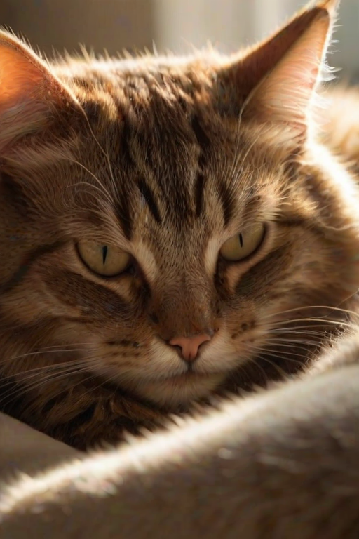 Softly focused close-up of a cat curled up in a ray of sunlight, its fur gently illuminated by the soft light, with dust particles visible in the warm glow and a faint purr almost audible.