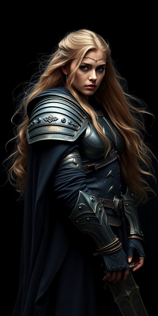 Create a digital artwork of a strong female warrior with long hair, wearing detailed armor and a flowing dark cape, set against a gradient black background, captured with a Canon EOS R5 using a 50mm lens at f/1.8, in soft focus for a painterly effect.