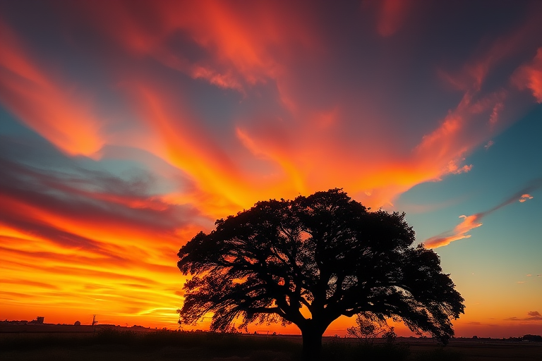 Create a vibrant sunset landscape with a silhouette of a tree in the foreground, ISO 100, f/8, 1/125s, wide-angle lens, captured with a DSLR camera from a low angle for dramatic effect.