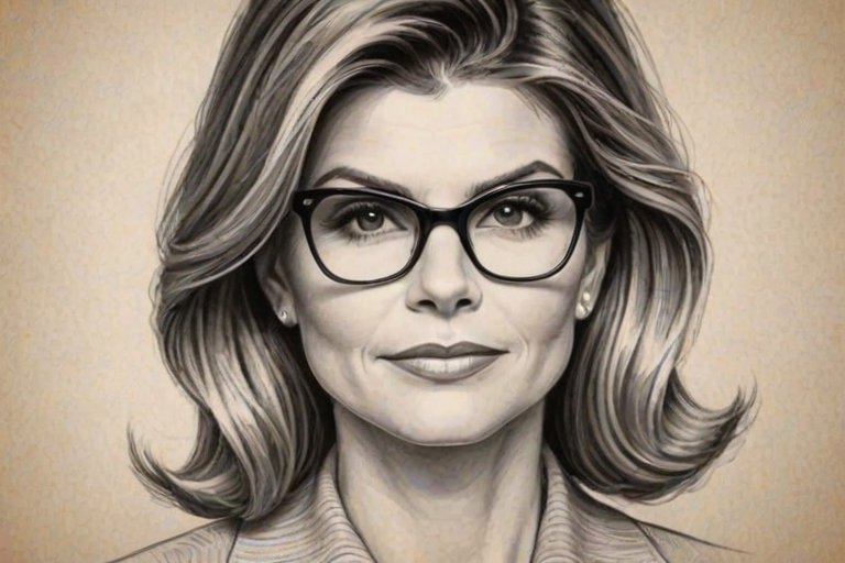 Bewitching Lori Loughlin, pencil sketch, portrait of Magnificent woman 1950s in glasses, hair style beatnik, outline, clear lines, fine lines, 8k