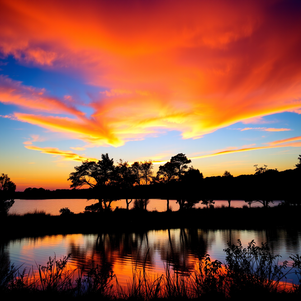 A vibrant sunset over a tranquil lake with silhouettes of trees in the foreground, captured with a DSLR camera, 50mm lens, f/1.8 aperture, ISO 100, and a low angle view to emphasize reflections on the water.