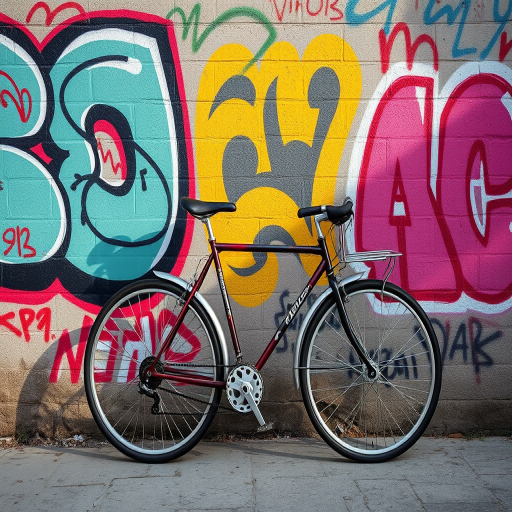 Capture a vibrant photo of a bicycle parked against a graffiti-covered wall, using a DSLR camera with 50mm lens at f/2.8 aperture, ISO 200, and shutter speed of 1/125 sec, in soft natural lighting from the side to enhance colors and details.
