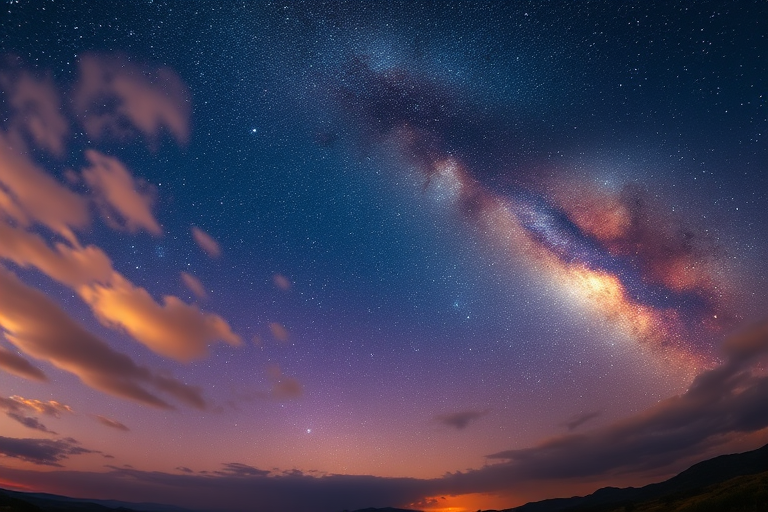Regenerate a cosmic night sky scene with vibrant stars, ethereal clouds, and a serene landscape below, using a Nikon D850, 24mm lens, f/1.8 aperture, ISO 800, 30-second exposure, wide-angle view, and low-light photography style for enhanced clarity and depth.