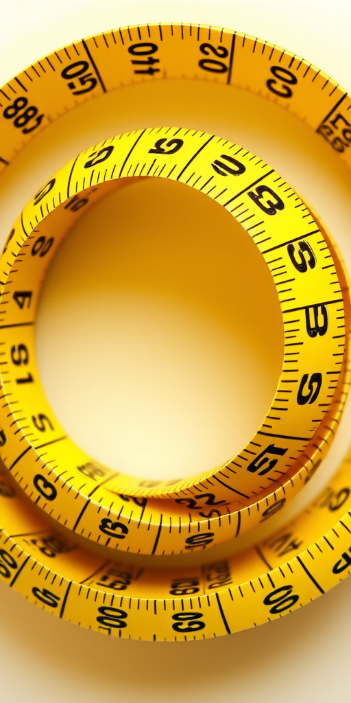 Create a detailed representation of a yellow measuring tape coiled in a spiral, captured with a DSLR camera at f/8 aperture, ISO 100, and a 50mm lens, using a top-down view for clarity and focus on the numbers and markings.