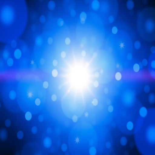 Create a vibrant blue abstract background with a bright white center glowing softly, surrounded by sparkling stars and bokeh effects, using a DSLR camera with a focal length of 35mm, aperture set to f/2.8, ISO 100, and a wide-angle view to capture the luminous details.
