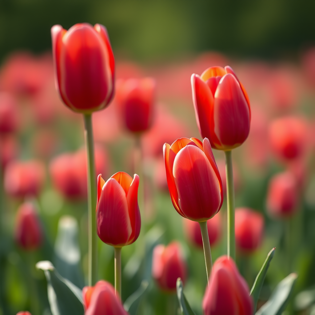 Capture a close-up of vibrant red tulips in a field with a shallow depth of field, 50mm lens, f/1.8 aperture, ISO 100, soft natural lighting, and a bokeh background to enhance the dreamy quality of the image.