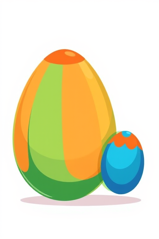 Create a vibrant digital illustration of two egg-shaped objects, one large green with an orange top and the other smaller blue with an orange top, using a Canon EOS 5D Mark IV, aperture f/8, ISO 200, 50mm lens, in a high-resolution, colorful, and flat style.
