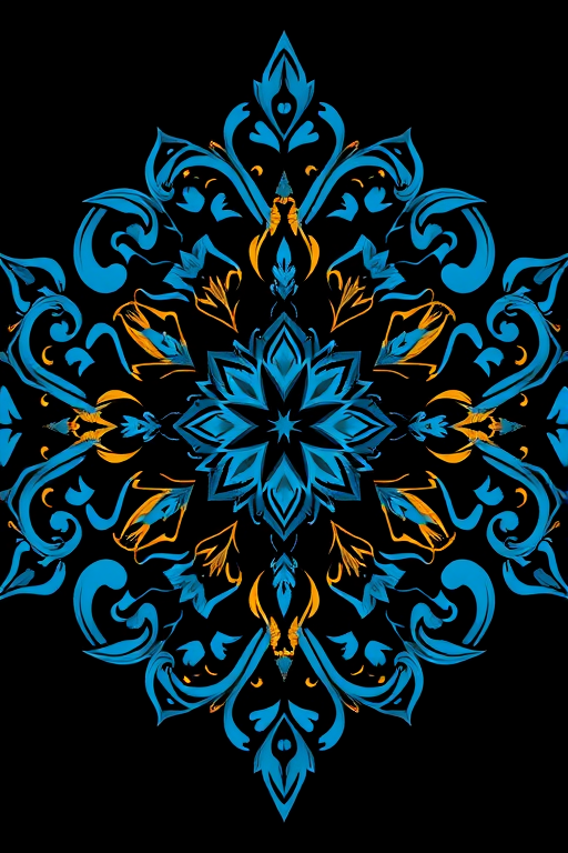 Create a symmetrical abstract design featuring intricate patterns in shades of blue and gold with a dark background, using a DSLR camera with a 50mm lens, aperture set to f/1.8, ISO 100, and a slight soft focus to enhance depth and detail.