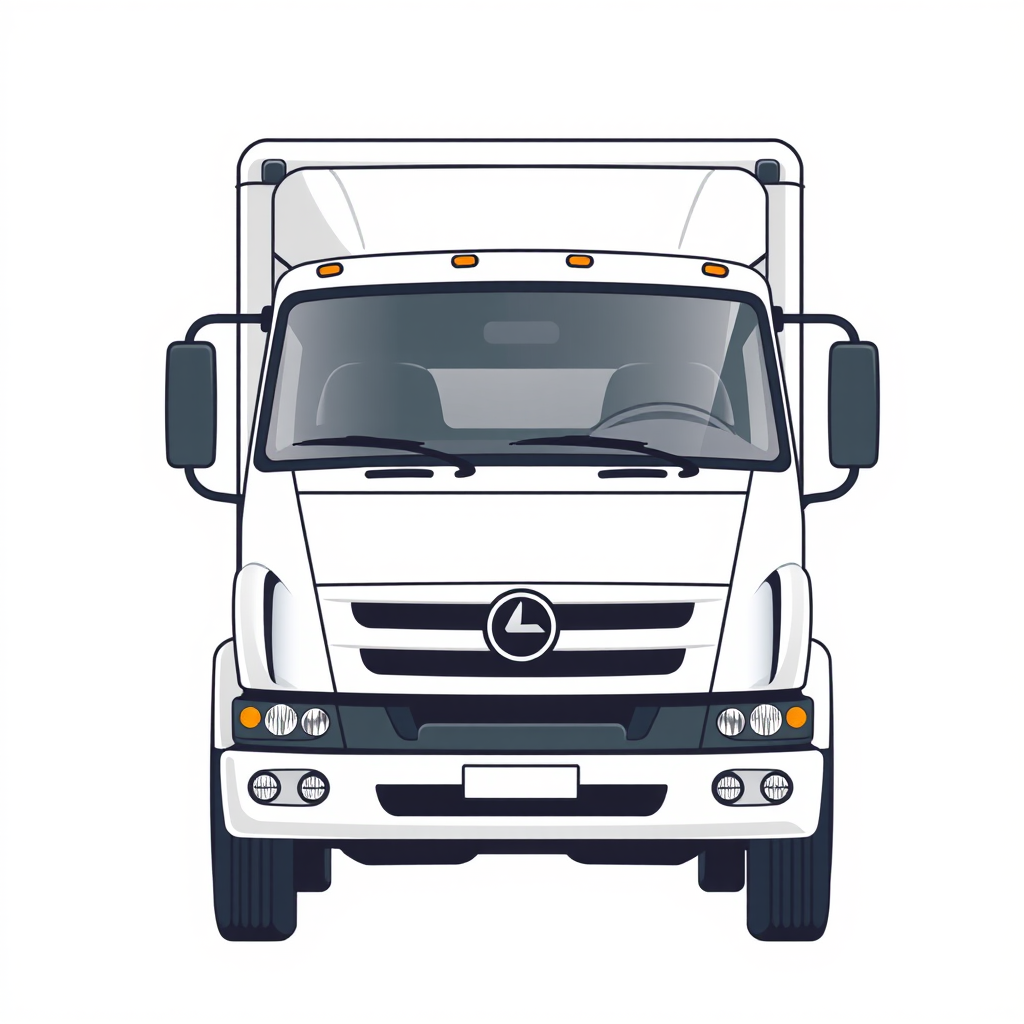 Create a high-resolution vector illustration of a front view of a delivery truck, using a DSLR camera, with settings at f/8 aperture, 1/100 shutter speed, and ISO 200, in a clean and minimalistic style.