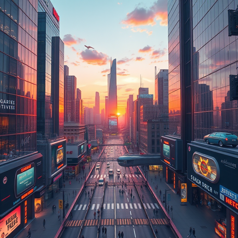 Create a detailed digital illustration of a futuristic city at sunset, with vibrant colors reflecting off glass buildings, bustling streets filled with people and flying vehicles, shot with a Canon EOS R5, 24mm lens, f/2.8 aperture, ISO 100, in a panoramic view to capture the wide scale of the cityscape.