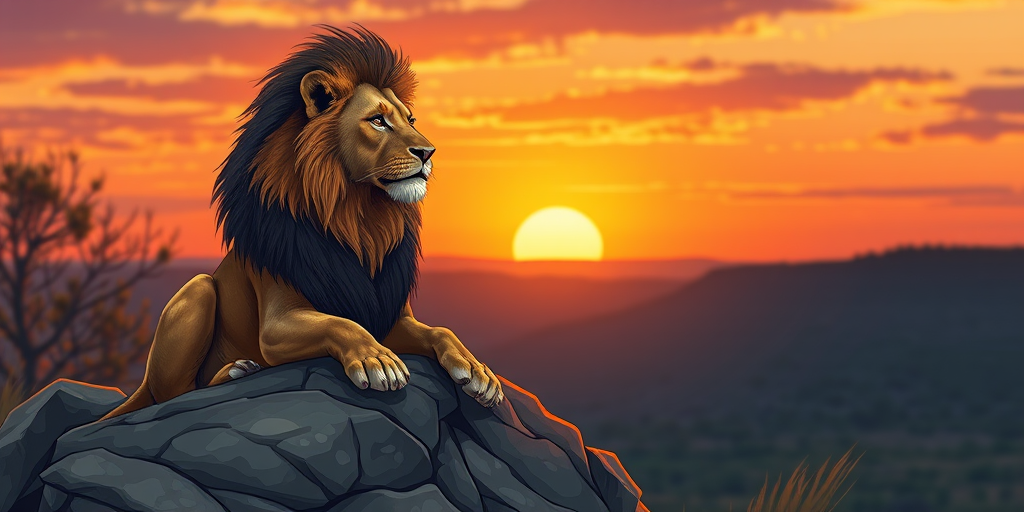 Create a detailed illustration of a majestic lion sitting on a rocky outcrop at sunset with a warm color palette, set the camera to 50mm lens, aperture f/1.8, ISO 200, in a wide-angle view with a shallow depth of field for a soft background blur, using a digital mirrorless camera.