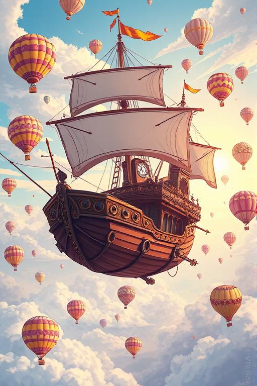 create a vibrant illustration of a whimsical steampunk airship sailing through a bright sky filled with hot air balloons, focus on intricate details of the ship with flowing sails and a large clock tower, use a wide-angle lens at f/8 for sharp focus, ISO 100 for clarity, and a 1/250s shutter speed to capture motion, apply a digital art style with soft pastel colors and dynamic lighting.