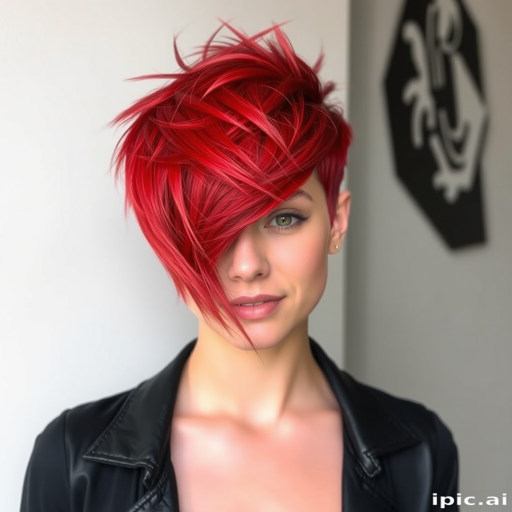Vibrant red-haired beauty showcasing a pixie cut with edgy, textured layers, emphasizing her fiery personality and bold style choices