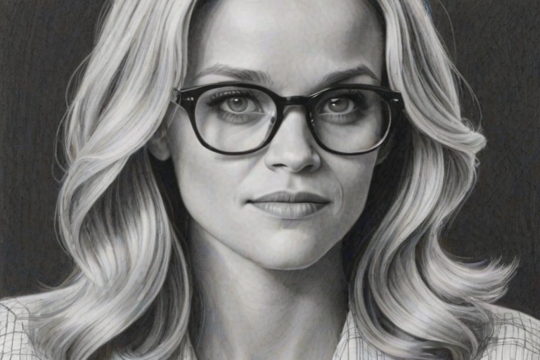 Appealing Reese Witherspoon, pencil sketch, portrait of Beauteous woman 1975s in glasses, hair style beatnik, outline, clear lines, fine lines, 8k