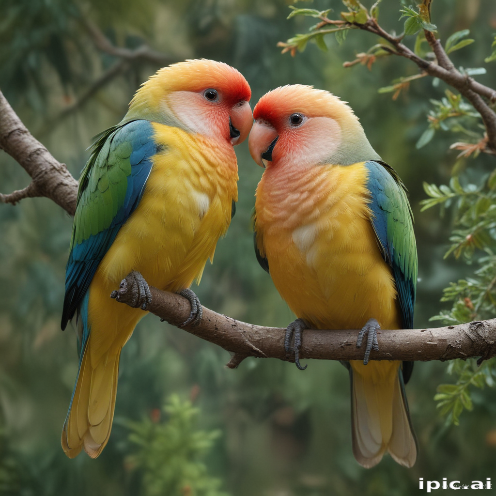 Two Colorful Parrots Lovingly Perched Together on a Tree Branch