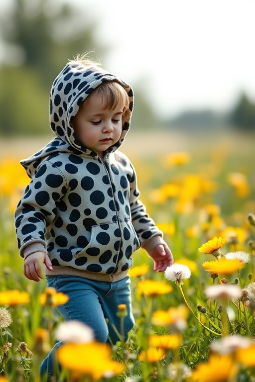 Capture a young child in a spotted hoodie walking through a field of dandelions in soft focus, using a Canon EOS R5 with a 50mm f/1.2 lens, aperture set to f/2.8, shutter speed at 1/200 sec, ISO 200, in natural daylight for enhanced image quality.