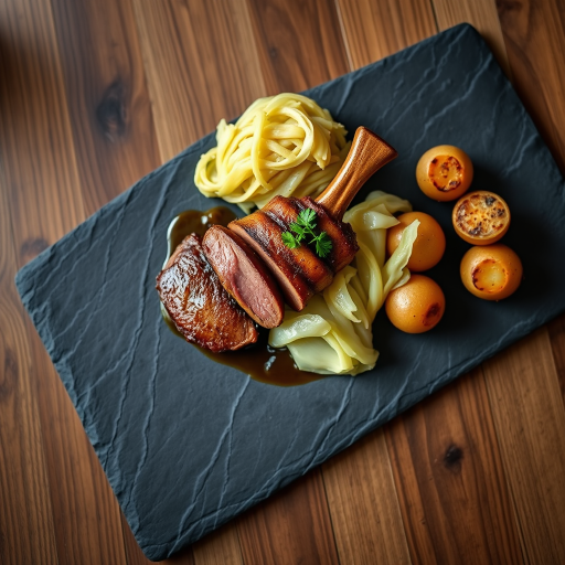 A beautifully plated pork dish on a slate board, accompanied by savory cabbage and roasted potatoes, shot with a Canon EOS R5 using a 50mm f/1.8 lens, aperture set to f/2.8, ISO 100, natural light from the left, top-down view for food photography.