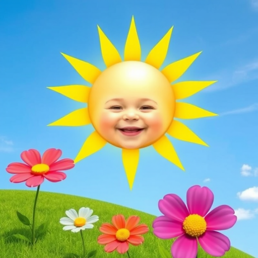 Create an image shows a bright, sun with a smiling baby's face in the center, radiating soft yellow rays. The sun is set against a clear blue sky with a few wispy clouds. Below, there's a lush green grassy hill with colorful, oversized flowers, giving the scene a whimsical, playful atmosphere.