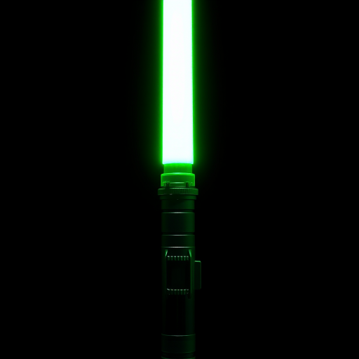 Create an ultra-realistic image of a neon green lightsaber against a black gradient background, using a DSLR camera with an f/1.8 aperture, 50mm lens, ISO 100, and 1/200 shutter speed to enhance detail and sharpness.