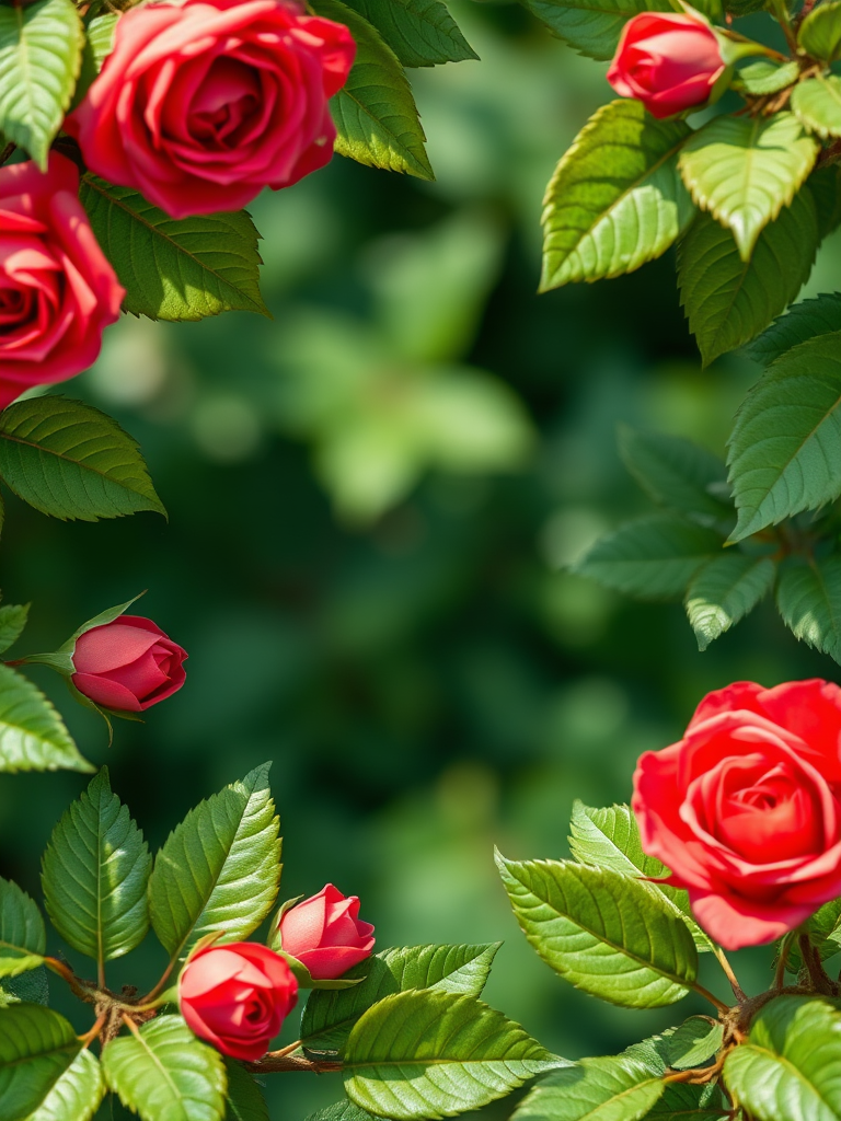 vintage rose frame with lush green leaves, macro lens, f/2.8 aperture, 50mm lens, soft focus background, high-resolution digital photography, bright natural lighting