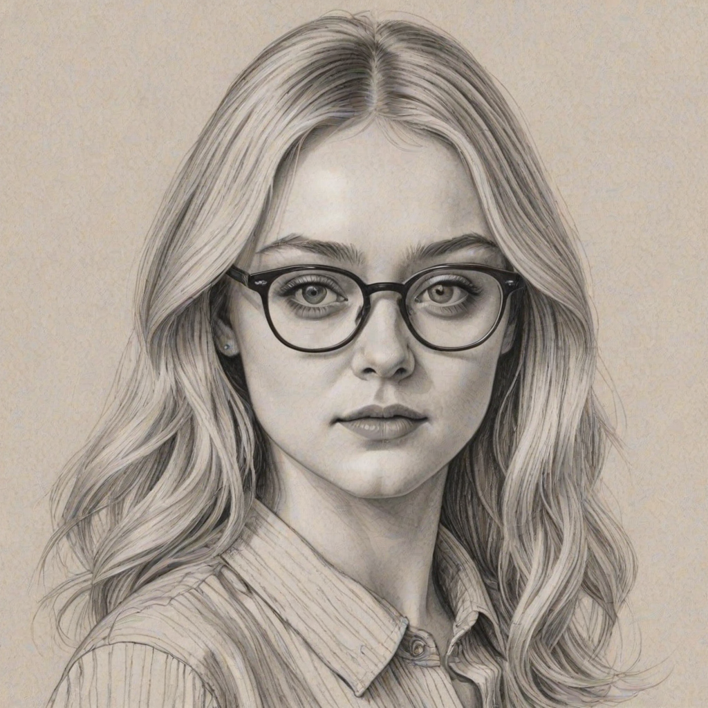 Sublime Dakota Fanning, pencil sketch, portrait of Exquisite woman 1949s in glasses, hair style beatnik, outline, clear lines, fine lines, 8k