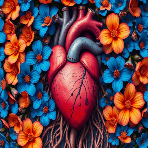 Create a vibrant and detailed illustration of a human heart surrounded by blue and orange flowers, with intricate roots and teardrops, using a Canon EOS R5, 50mm lens, f/1.8 aperture, ISO 100, natural light, top-down view, and high saturation for enhanced colors.