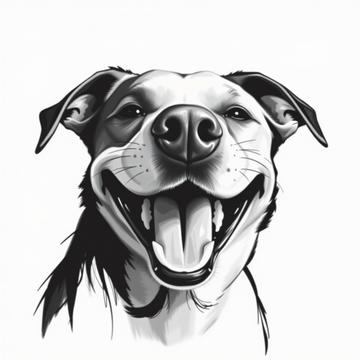 Abstract black and white acrylic portrait of an over exaggerated laughing (dog). Minimalism style. White background.