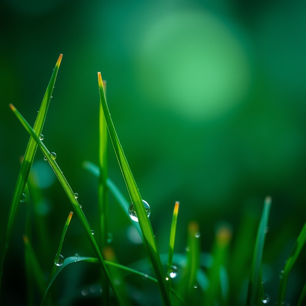 macro shot of dewdrops on green grass with a blurred background, aperture f/2.8, shutter speed 1/200 sec, ISO 100, 100mm lens, natural lighting, DSLR camera
