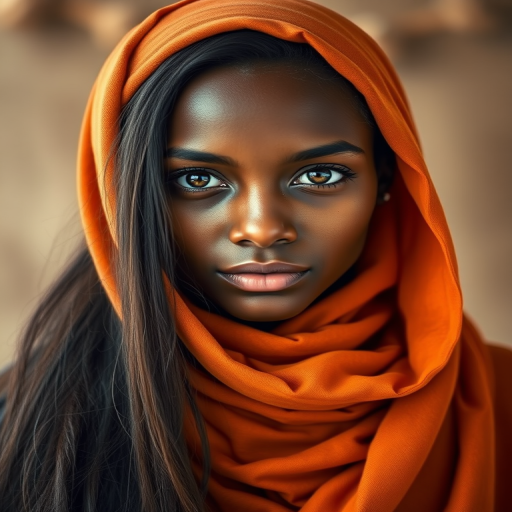 Create a portrait of a young Nubian woman with long, dark hair and captivating hazel eyes. She is wearing a orange headscarf and a matching scarf draped gracefully around her neck. The background is softly blurred, focusing attention on her serene and natural expression. The overall color palette is muted and warm, enhancing the intimate and authentic feel of the portrait.