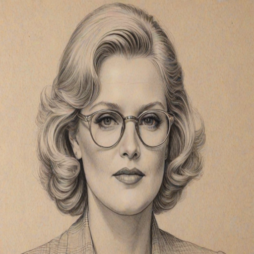 Enchanting Sharon Gless, pencil sketch, portrait of Beauteous woman 1939s in glasses, hair style beatnik, outline, clear lines, fine lines, 8k