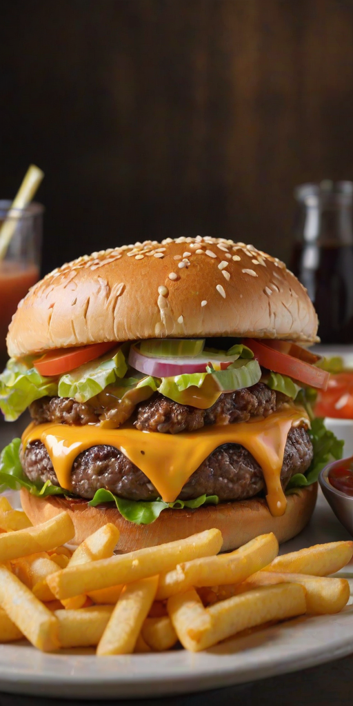 High-resolution, close-up image of a gourmet double cheeseburger. The burger features a glossy, sesame-seed-topped brioche bun. Inside, there are two thick, juicy beef patties, each topped with melted cheddar cheese. The burger is garnished with fresh lettuce, tomato slices, diced onions, and pickles. A generous amount of ketchup and a creamy, orange-colored sauce is dripping down the sides, adding to the mouth-watering appeal. In the background, there are blurred elements including a side of golden French fries and a hint of a beverage, enhancing the overall presentation of a delicious meal.