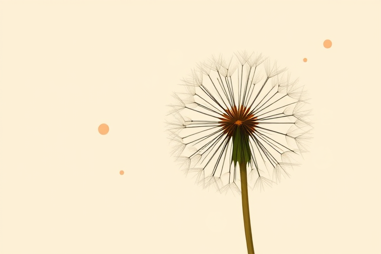 Create an artistic illustration of a dandelion with delicate black line details on a soft beige background, including abstract circles in warm tones, shot with a DSLR camera at f/2.8 aperture, 35mm lens, 1/100s shutter speed, in natural light to enhance color richness and clarity.