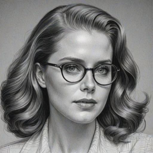 Magnificent Amy Adams, pencil sketch, portrait of Resplendent woman 1939s in glasses, hair style beatnik, outline, clear lines, fine lines, 8k