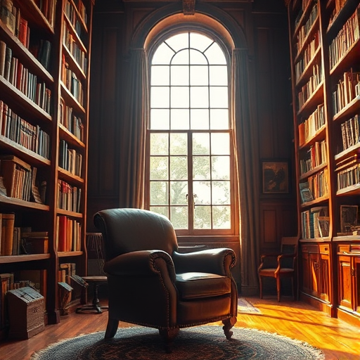 a cozy library with a vintage leather armchair, tall wooden bookshelves filled with antique books, sunlight streaming through a large window, warm tones and rich textures, f/2.8 aperture, 1/60s shutter speed, ISO 100, 35mm lens, captured with a DSLR camera in macro style, vivid colors and high detail