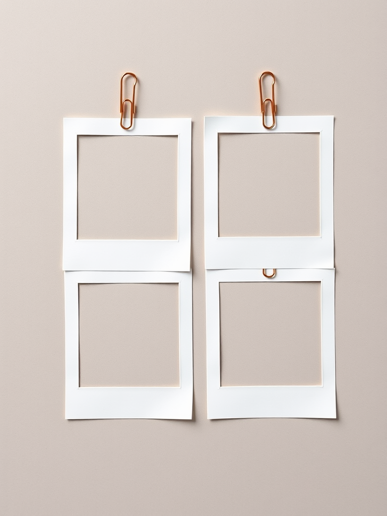 Create a set of four empty photo frames with paper clips, high-resolution, 50mm lens, f/2.8 aperture, natural lighting, top-down view, digital camera.