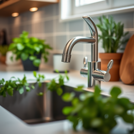 capture a modern kitchen sink with a sleek chrome faucet, surrounded by fresh herbs and greenery, soft ambient lighting, focus on the faucet and foreground details, shallow depth of field, aperture f/2.8, ISO 200, 50mm lens, natural light, DSLR camera