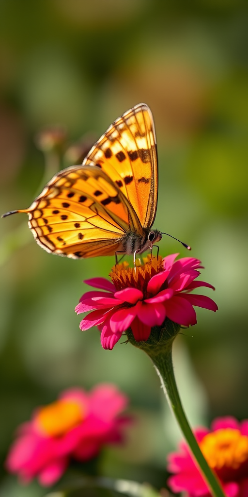 Capture a close-up of a butterfly perched on a vibrant flower with a shallow depth of field, using a DSLR camera, 85mm lens, f/2.8 aperture, ISO 200, shutter speed 1/500s, natural lighting, and a bokeh background.