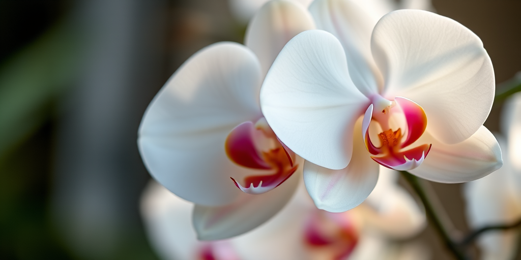 Generate a high-resolution, close-up image of a white orchid flower with delicate pink accents, using a DSLR camera set to f/2.8, ISO 100, and a shutter speed of 1/200s; focus on the intricate details of the petals and leaves against a softly blurred background for a natural look.