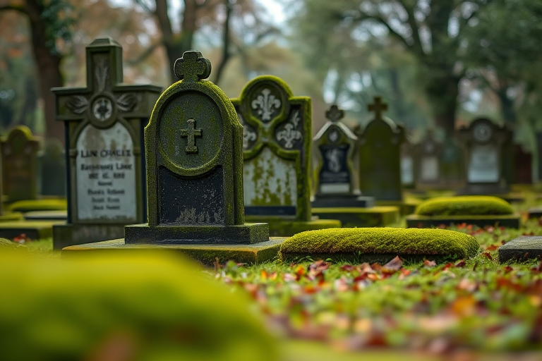 Create an image of moss-covered gravestones in a serene cemetery setting with soft, diffused lighting, a 50mm lens, f/2.8 aperture, ISO 100, and a low angle view to enhance depth and detail, using a DSLR camera.