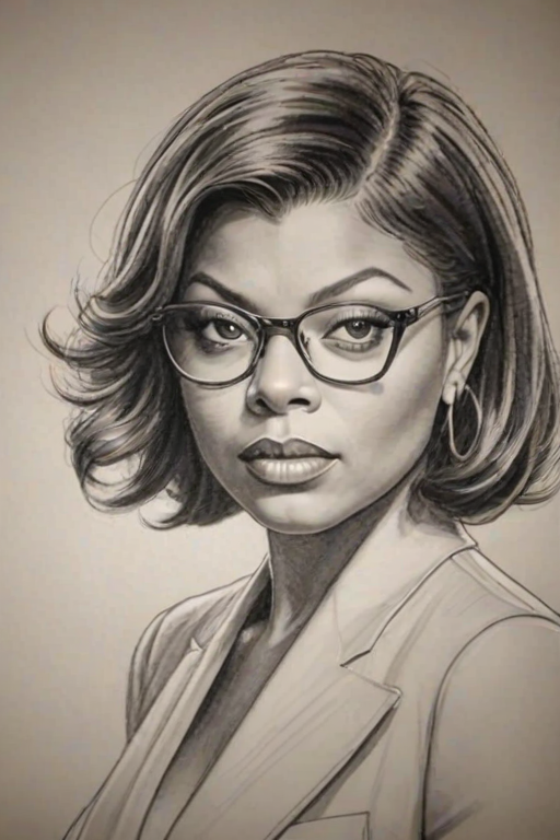 Dazzling Taraji P. Henson, pencil sketch, portrait of Dazzling woman 1933s in glasses, hair style beatnik, outline, clear lines, fine lines, 8k